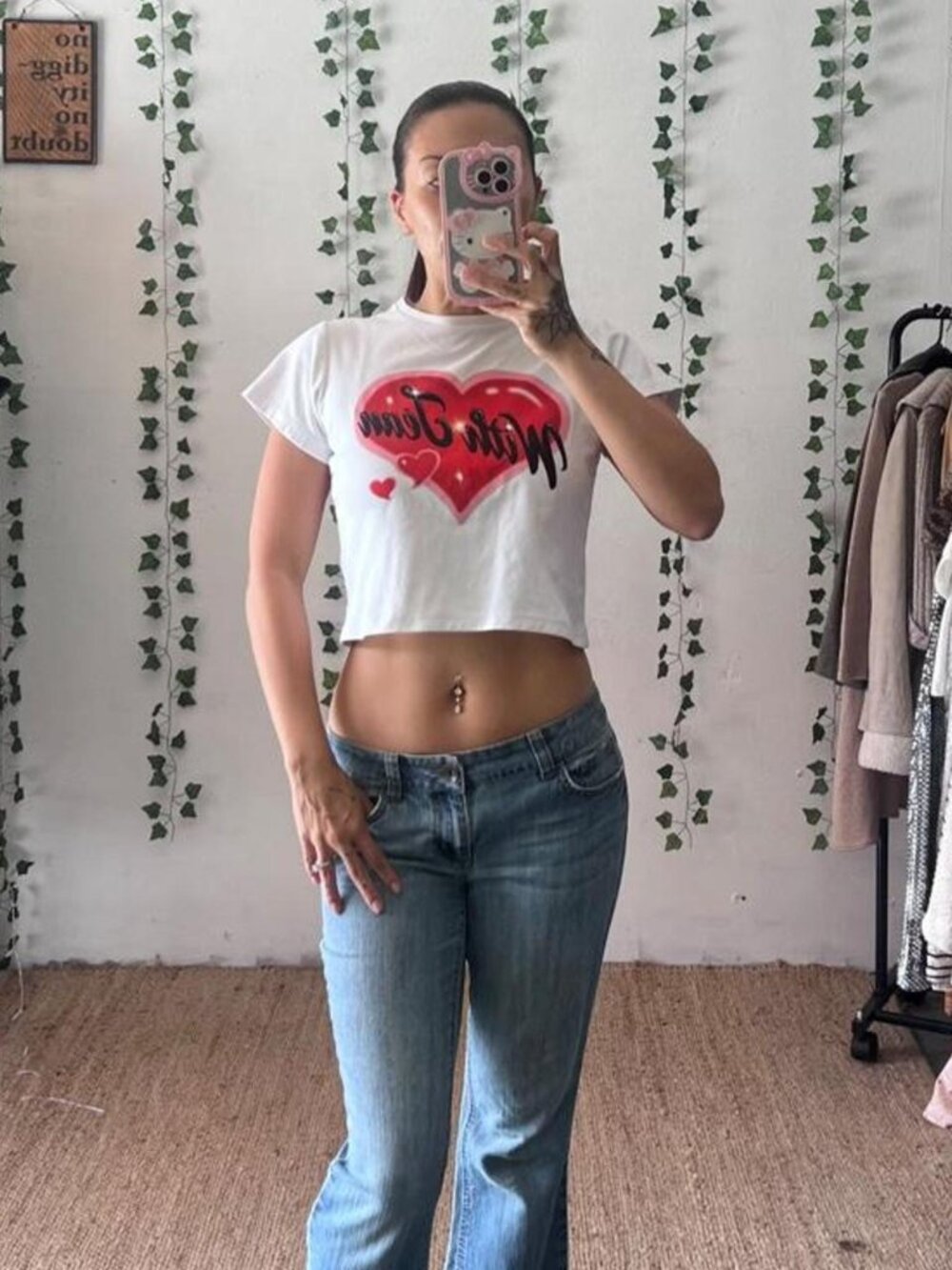 With Jean airbrush heart white and red cropped baby tee size M
